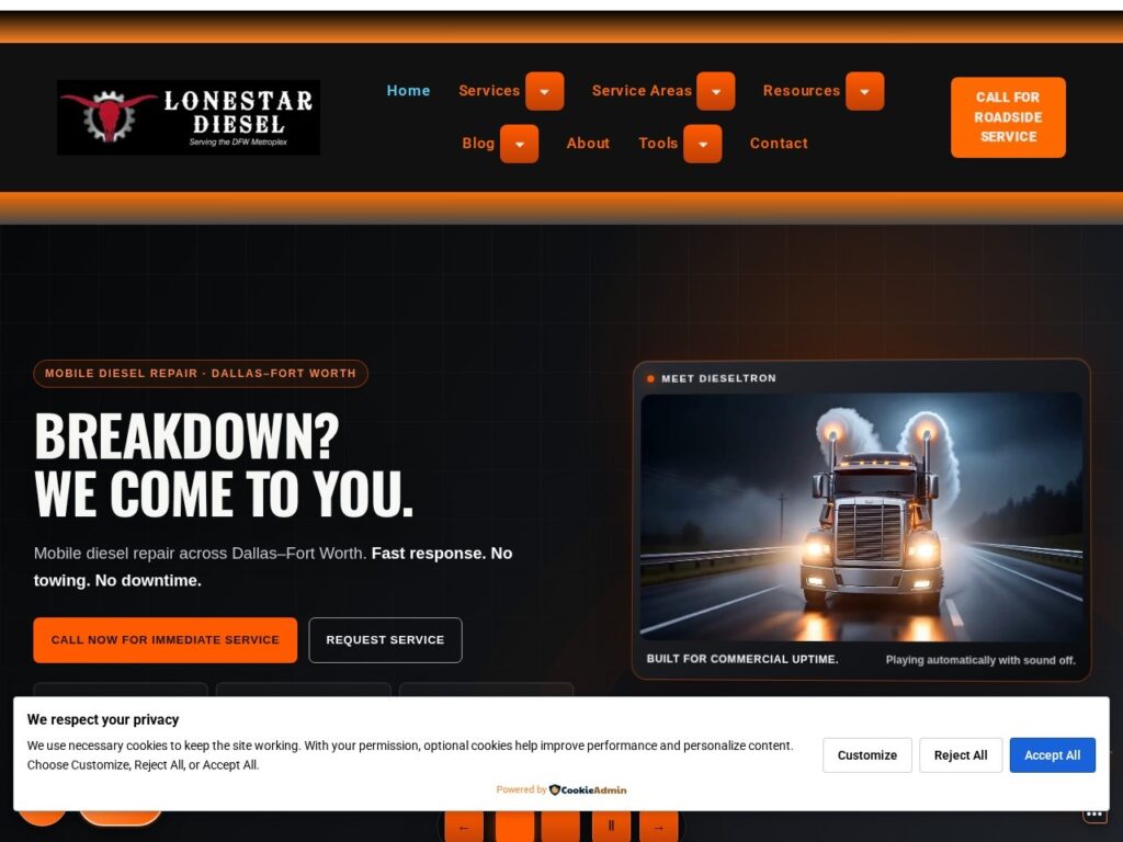 Website screenshot of Lone Star Diesel showing the public header and hero