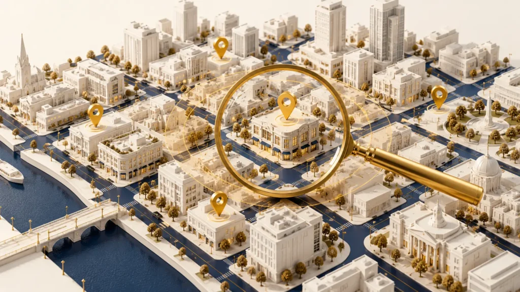 Conceptual miniature city with a magnifying glass and location markers representing a local-search review