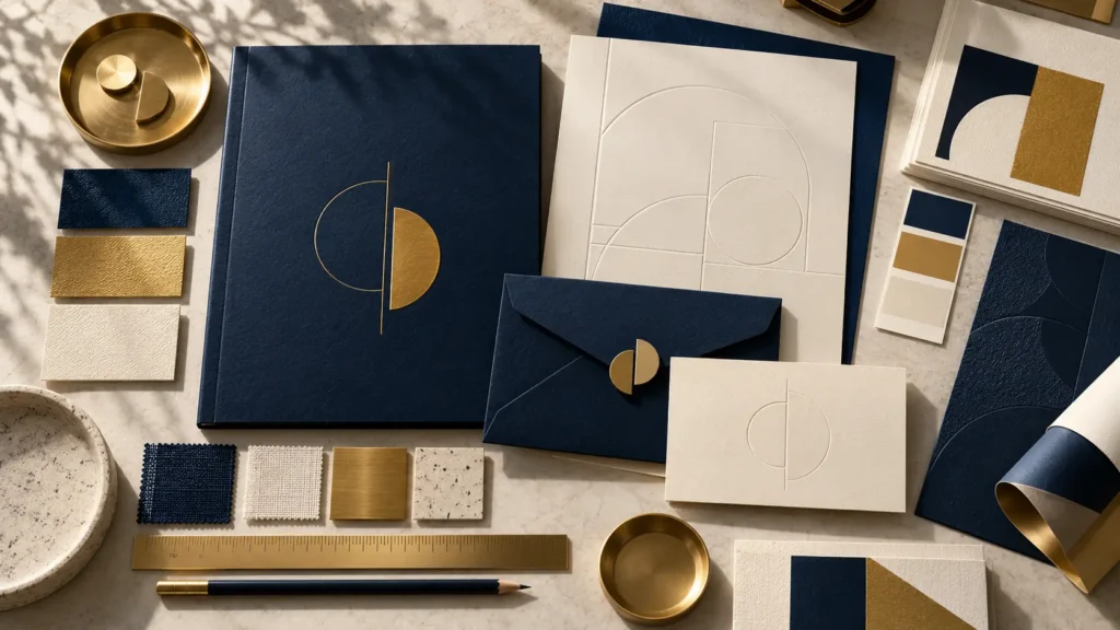 Editorial concept illustration of coordinated navy, gold, and cream stationery and identity materials