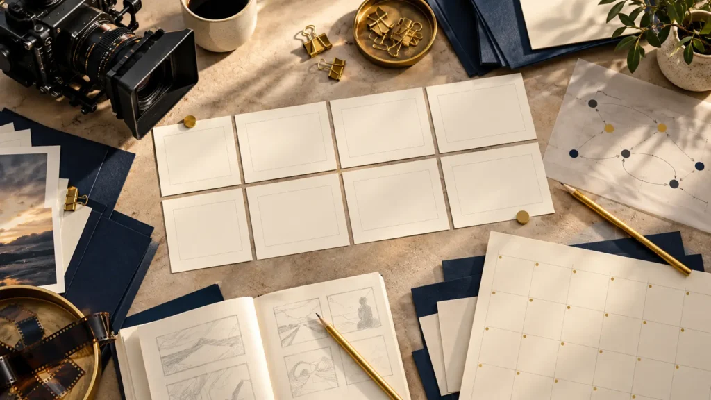 Editorial concept illustration of a campaign planning table with storyboard cards, a camera, and a pencil