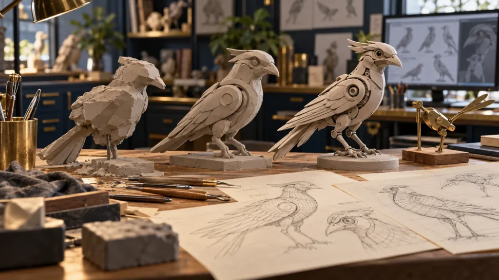Editorial concept illustration of a character-production workbench with three stages of a mechanical bird sculpture