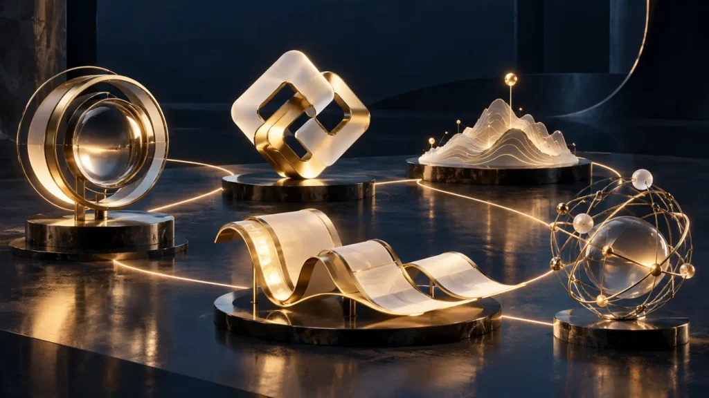 Abstract editorial illustration of five connected brass and ivory objects representing product directions