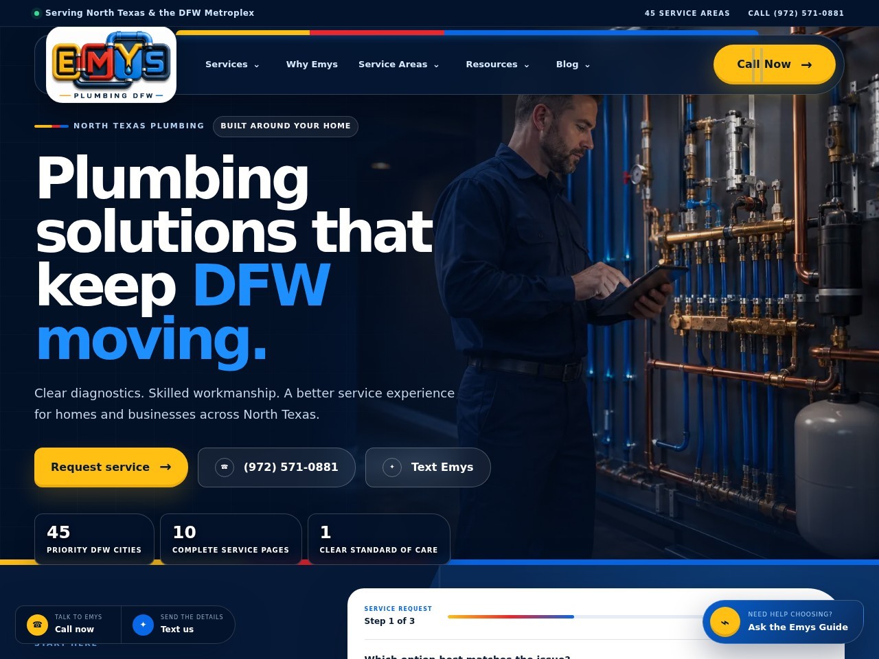EMYS Plumbing DFW website homepage hero preview